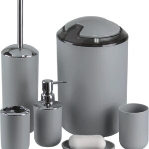 IMAVO Bathroom Accessories Set, 6-Piece Plastic Gift Set, Toothbrush Holder, Toothbrush Cup, Soap Dispenser, Soap Dish, Toilet Brush Holder, Trash Can (Grey)