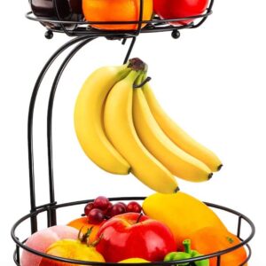Auledio 2-Tier Countertop Fruit Vegetables Basket Bowl Storage With Banana Hanger, Black