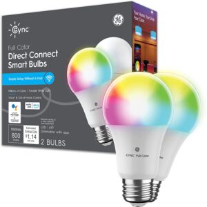 GE CYNC Smart LED Light Bulbs, Color Changing Lights, Bluetooth and Wi-Fi Lights, Works with Alexa and Google Home, A19 Light Bulbs (2 Pack)