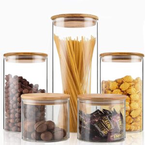 Glass Food Storage Jars Set of 5,Glass Storage Containers Clear Glass Food Canister with Bamboo Lid Airtight For Serving Tea, Coffee, Flour, Sugar, Candy, Cookie, Spice and More (Circular)