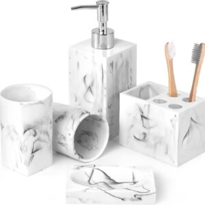 Haturi Bathroom Accessories Set, 5 Pcs Marble Look Bathroom Sets Soap Dispenser & Toothbrush Holder Set, Counter Top Restroom Apartment Decor Stuff, Resin Kits, Gift for Women and Men, Ink White