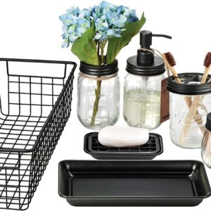 Mason Jar Bathroom Accessories Set 8 Pcs - Lotion Soap Dispenser,Toothbrush Holder,2 Apothecary Jars, Flower Vase,Soap Dish,Vanity Tray,Toilet Paper Holder Storage Bin,Vintage Farmhouse Decor (Black)