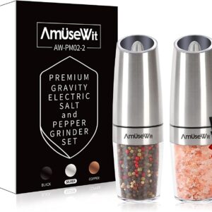 Gravity Electric Salt and Pepper Grinder Set【White Light】- Battery Operated Automatic Salt and Pepper Mills,Adjustable Coarseness,One-Handed Operation,Utility Brush,Stainless Steel